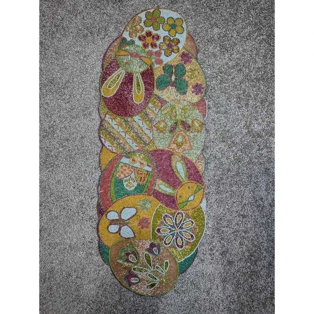 Pier 1 Easter Beaded Table Runner Bunny Egg Floral Pastel‎ 13x35 NWT